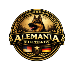 Round logo featuring a German Shepherd, the text "Alemania Shepherds," American and German flags, a star, and the phrase "Premium Bloodlines.